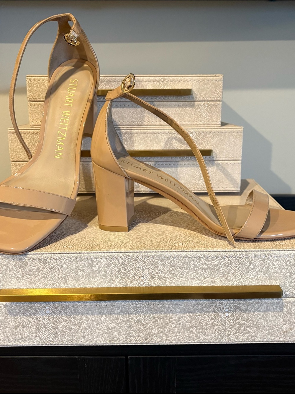 Stuart Weitzman Nude Patent Block-Heel Ankle-Strap Sandals